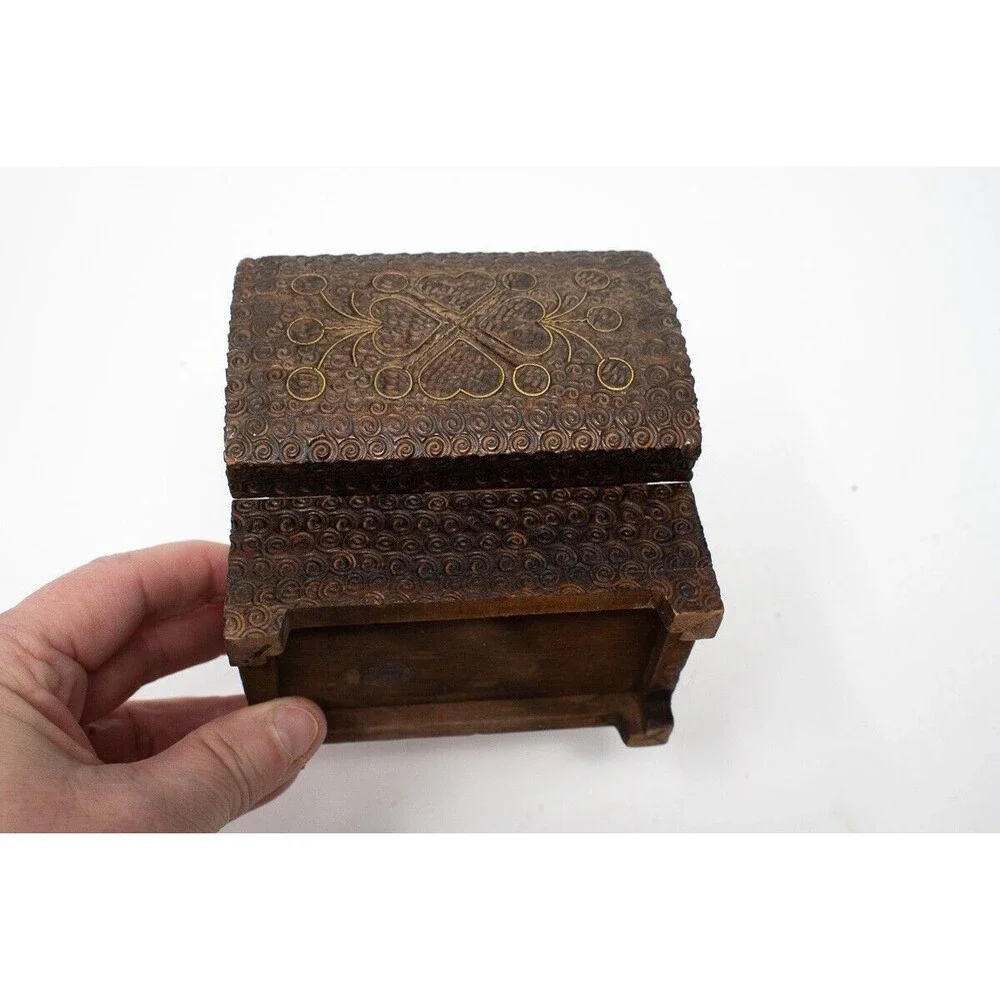 Vintage small polish trinket box wood carved metal inlay